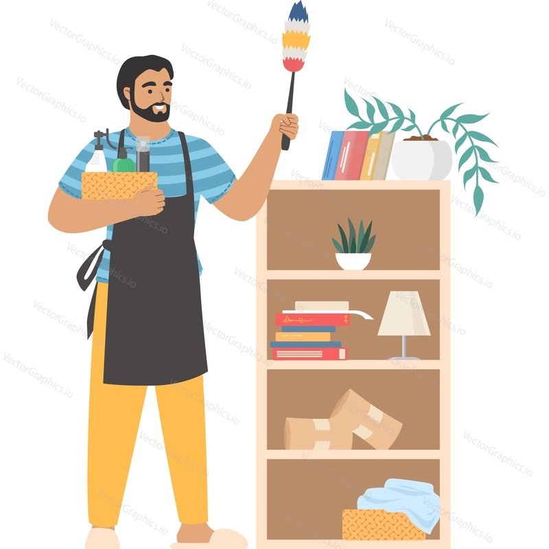 Housework man wiping dust vector icon isolated on white background