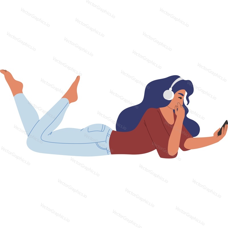 Woman listening radio podcast using mobile phone vector icon isolated background.