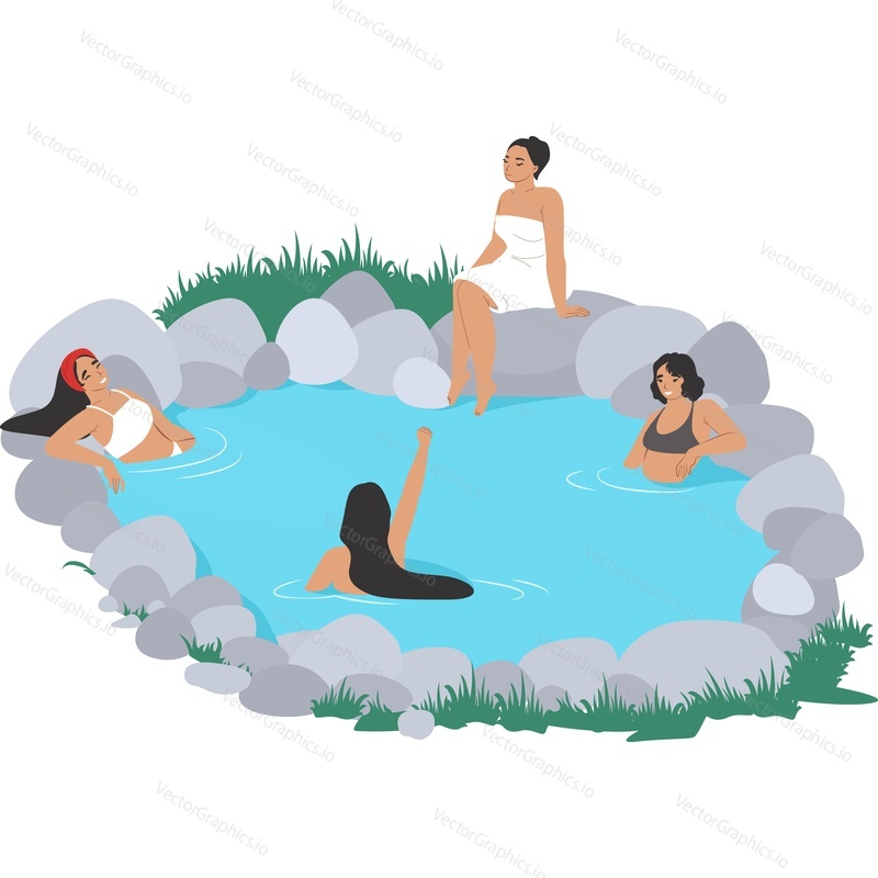 Девушки, купающиеся в горячем источнике, векторный значок, изолированный на белом фоне
