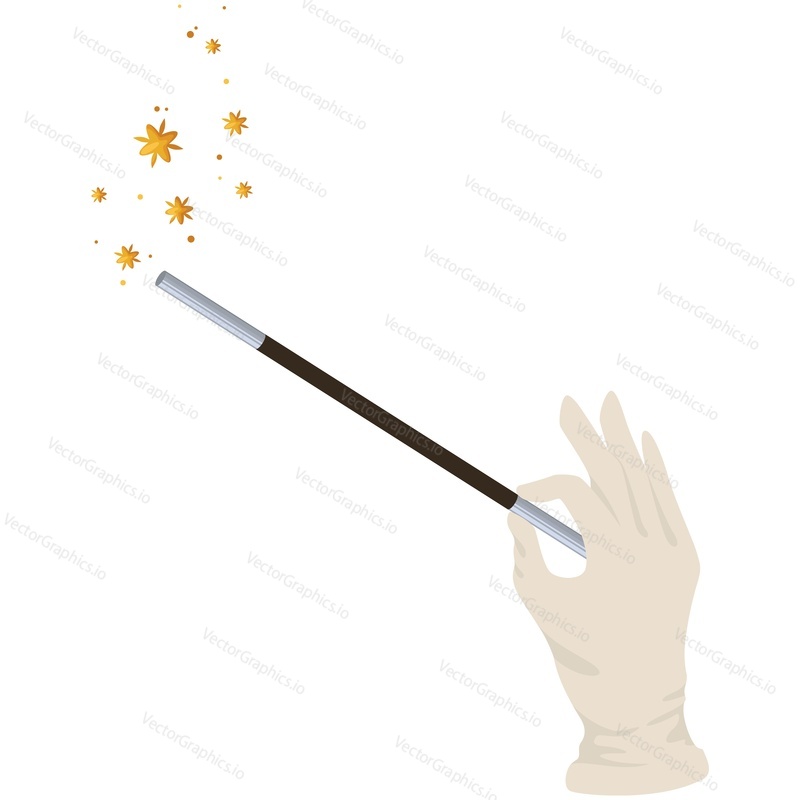 Magic wand in hand vector. Magician glove holding stick for trick and sparkle. Sorcery isolated on white background
