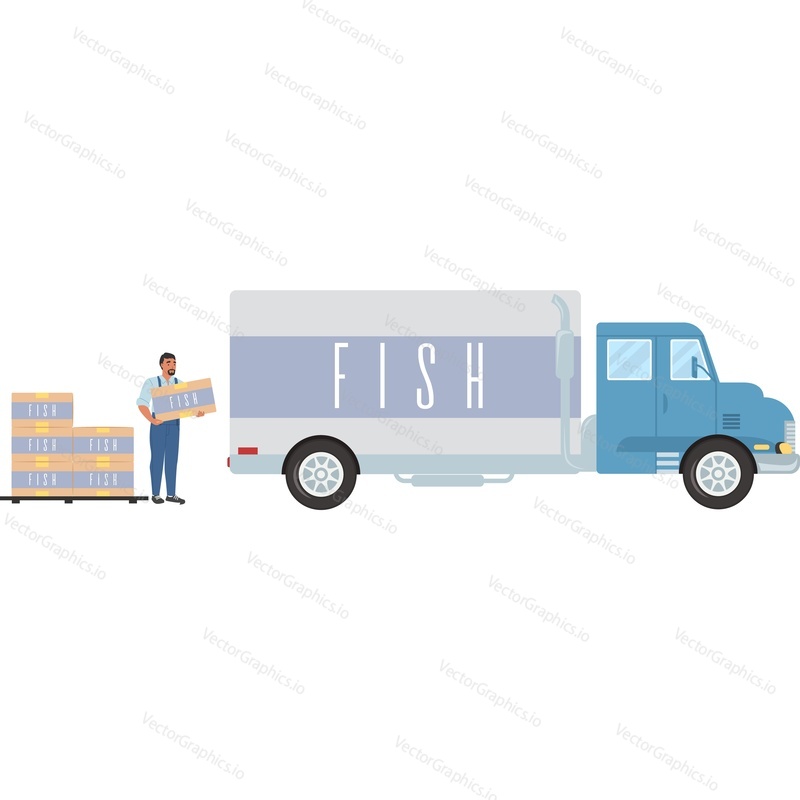 Транспортировка рыбы грузовиком доставки векторная иконка, изолированная на белом фоне