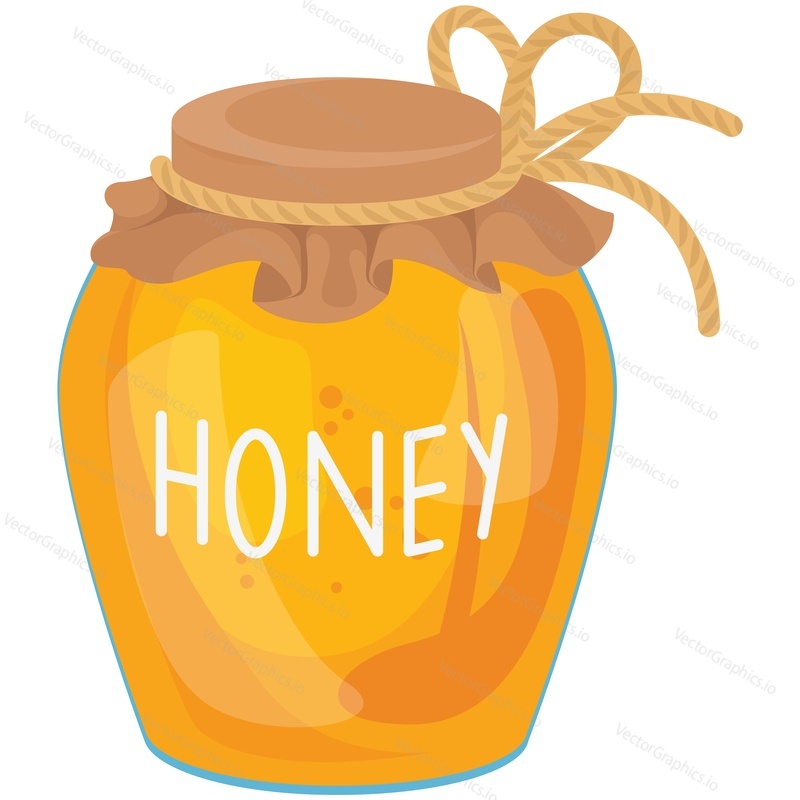 Вектор банки с медом. Стеклянный горшок со сладким продуктом питания для пчеловодства под иллюстрацией крышки. Золотой сахарный десертный нектар, выделенный на белом фоне. Символ пчеловодства и пасеководства