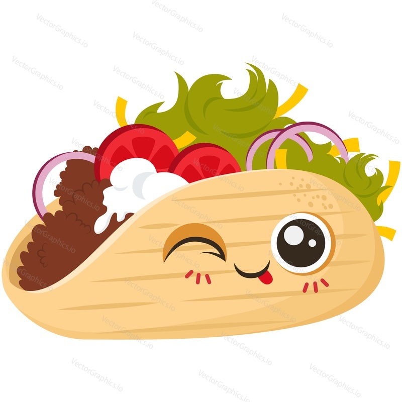 Cute taco character cartoon vector. Happy funny mexican fast food winking isolated on white background. Kawai snack mascot