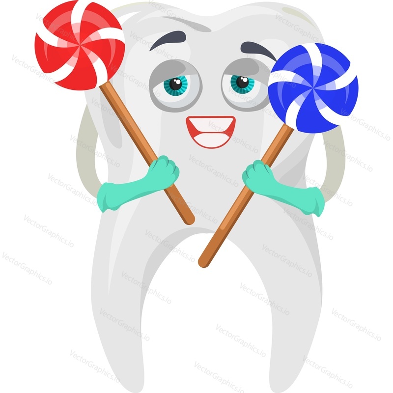 Smiling healthy tooth with lollypops candy vector icon isolated on white background