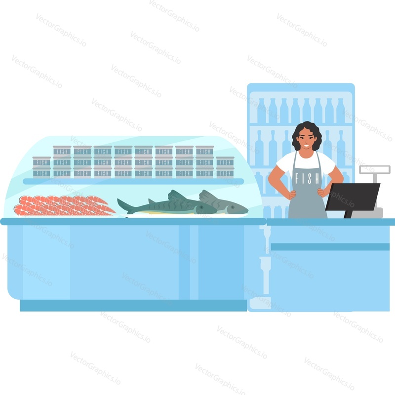 Fish shop showcase and saleswoman at counter desk vector icon isolated on white background