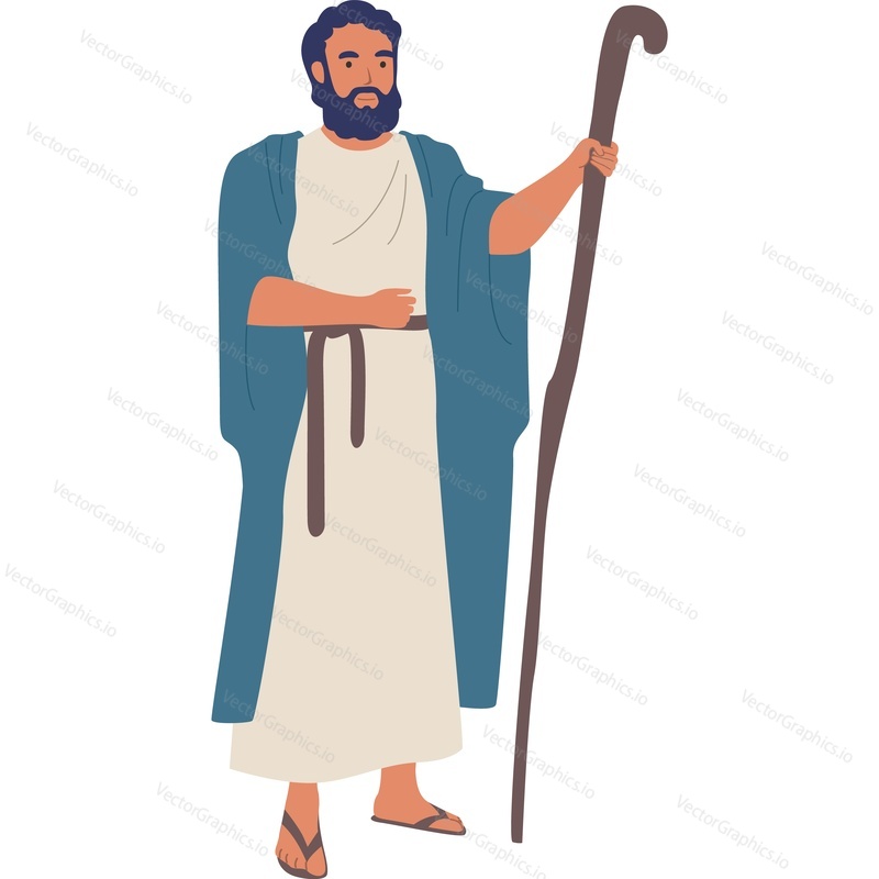 Пророк Моисей с деревянным посохом Библейский персонаж векторная иконка изолированный фон.