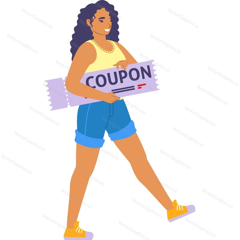 Woman shopper walking with coupon vector icon isolated on white background