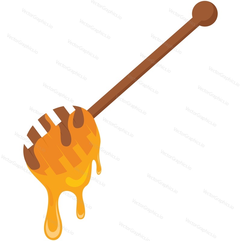 Векторная иллюстрация на палочке с медовой ложкой изолирована. Капающий золотистый сладкий медовый сироп из ковша для меда на белом фоне