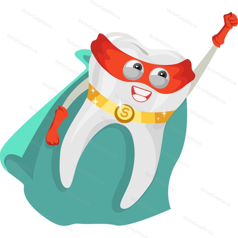 Cute tooth superhero vector icon isolated on white background
