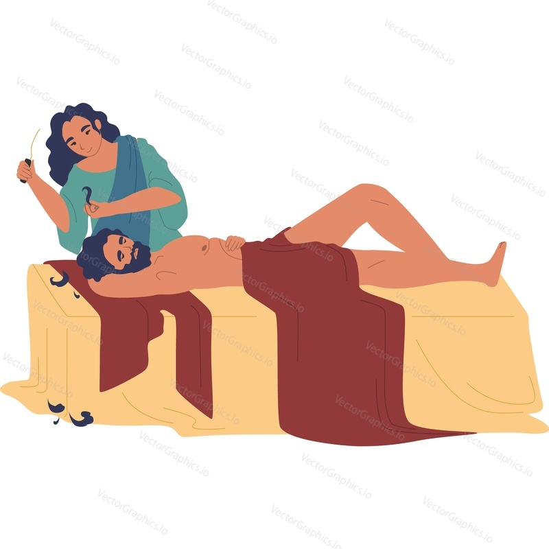 Delilah cutting hair of sleeping Samson Bible characters vector icon isolated background.