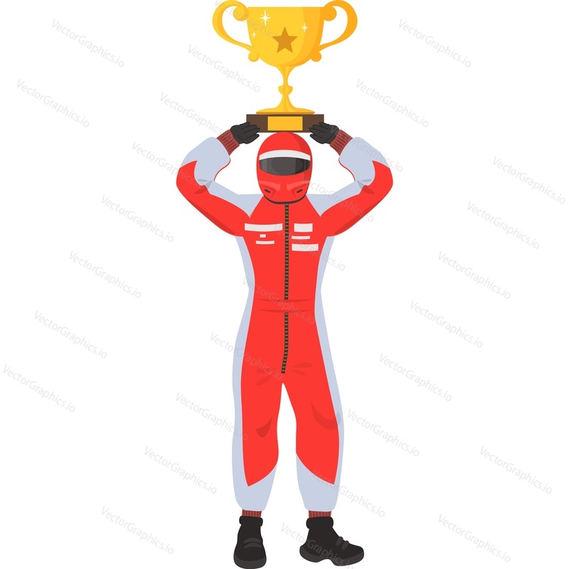 Race driver champion with trophy cup vector icon isolated on white background