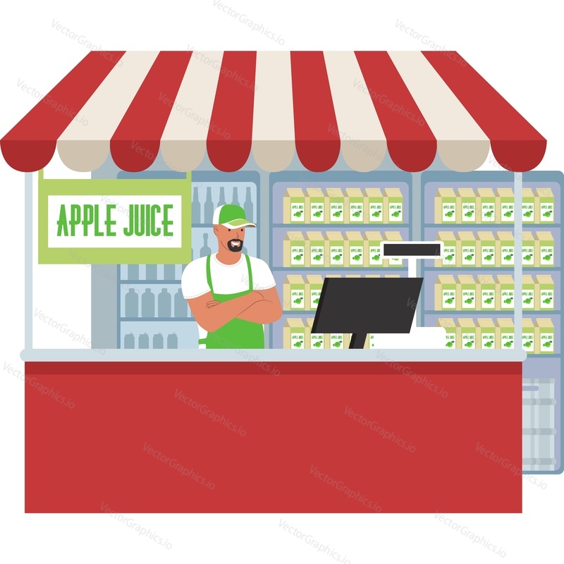 Магазин уличный рынок с ассортиментом яблочного сока векторная иконка, изолированная на белом фоне