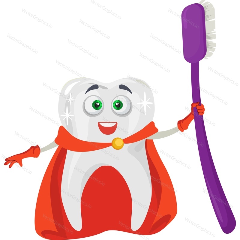 Cute tooth superhero with toothbrush vector icon isolated on white background