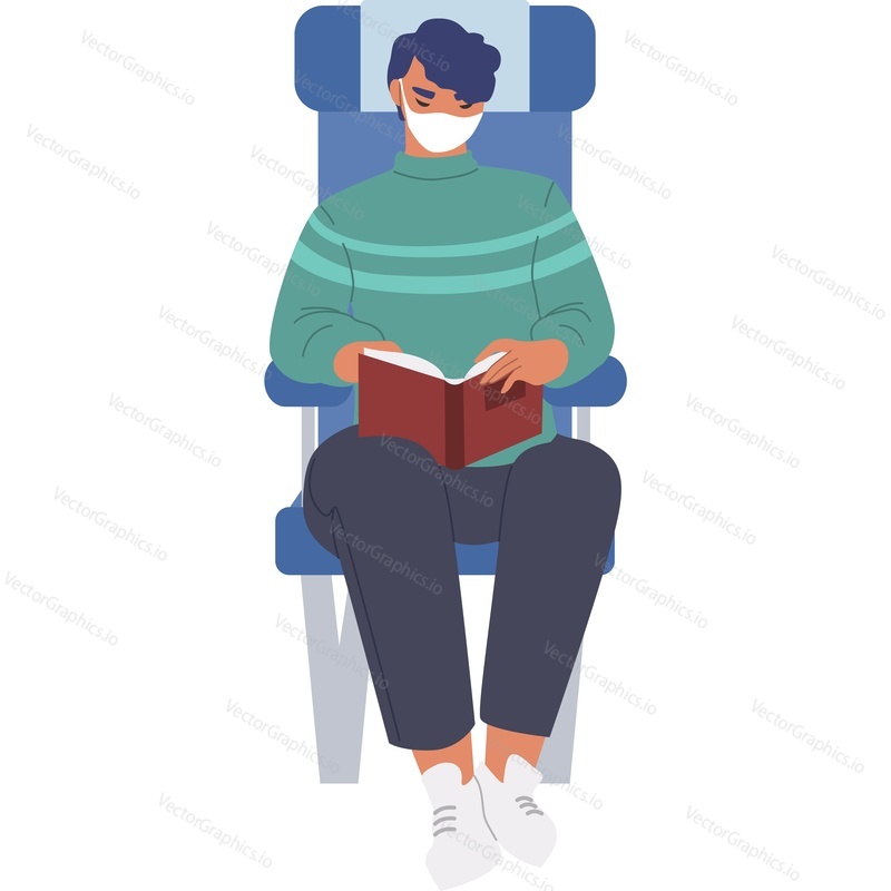 Man in facial mask reading book sitting on public transport seat vector icon isolated background. Fight rules concept.
