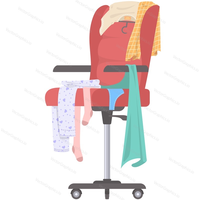 Scattered clothes on office chair vector icon isolated on white background