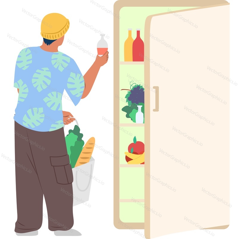 Man with grocery shopping at fridge vector icon isolated on white background