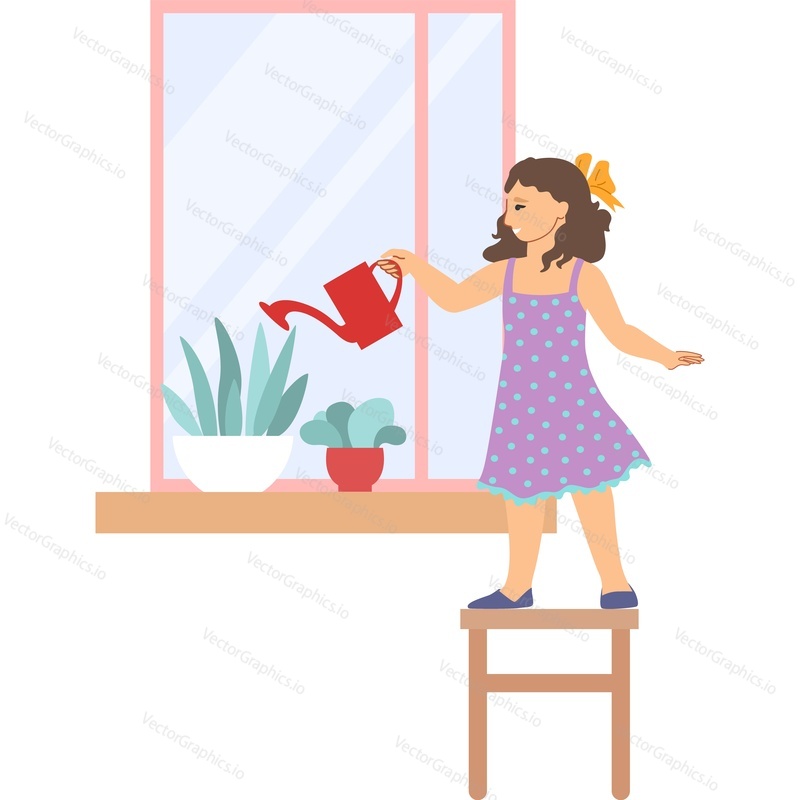 Маленькая девочка поливает цветок дома векторной иконкой, изолированной на белом фоне