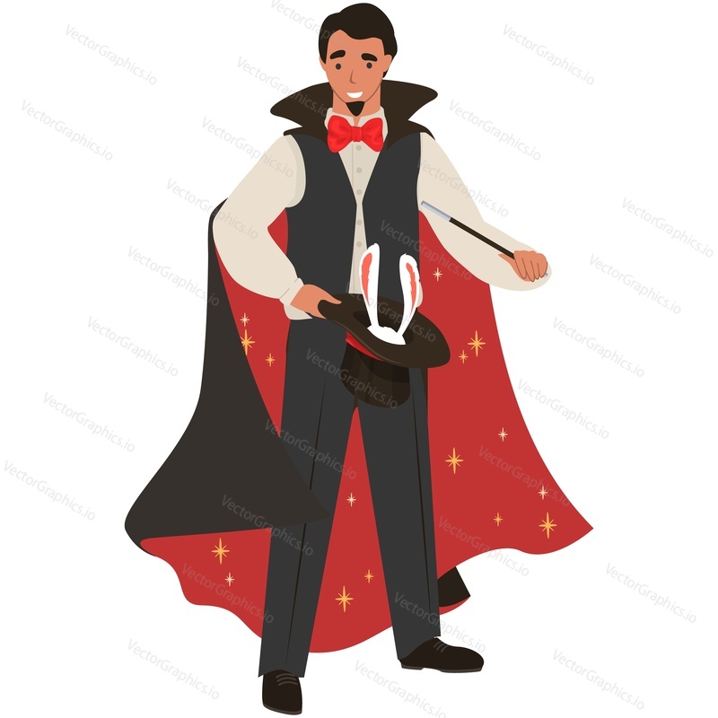 Magician vector character. Illusionist circus magic man with rabbit in top hat and wand isolated on white background. Male performer in tuxedo and cloak show magical trick illustration