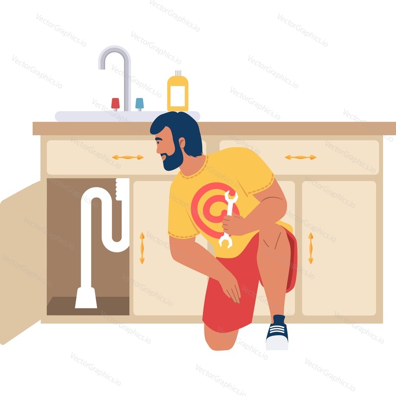 Housework man eliminating kitchen sink leakage vector icon isolated on white background