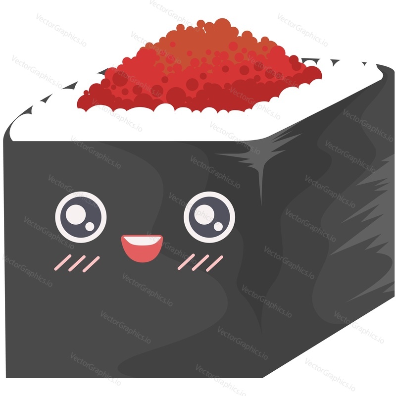 Каваи суши маки векторное японское милое мультяшное лицо. Забавный персонаж азиатской кухни с рисом и красной икрой, изолированный на белом фоне
