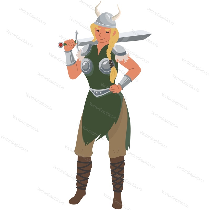 Viking warrior woman with sword vector. Medieval fantasy cartoon girl valkyrie or amazon illustration isolated on white background