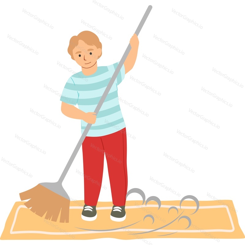 Little boy sweeping floor at home vector icon isolated on white background