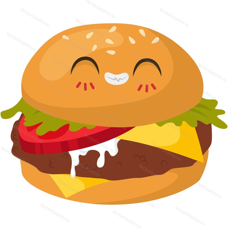 Burger character cartoon. Hamburger cute fast food vector. Funny smiling happy cheeseburger face isolated on white background. Comic junk food icon for logo menu illustration