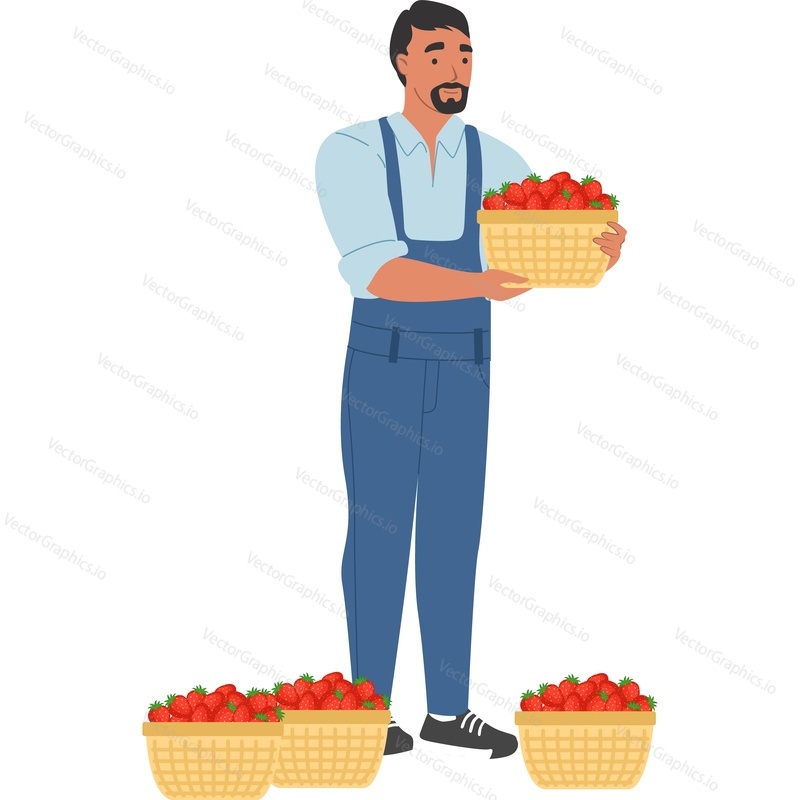 Продавец, предлагающий урожай свежей клубники, векторная иконка, изолированная на белом фоне