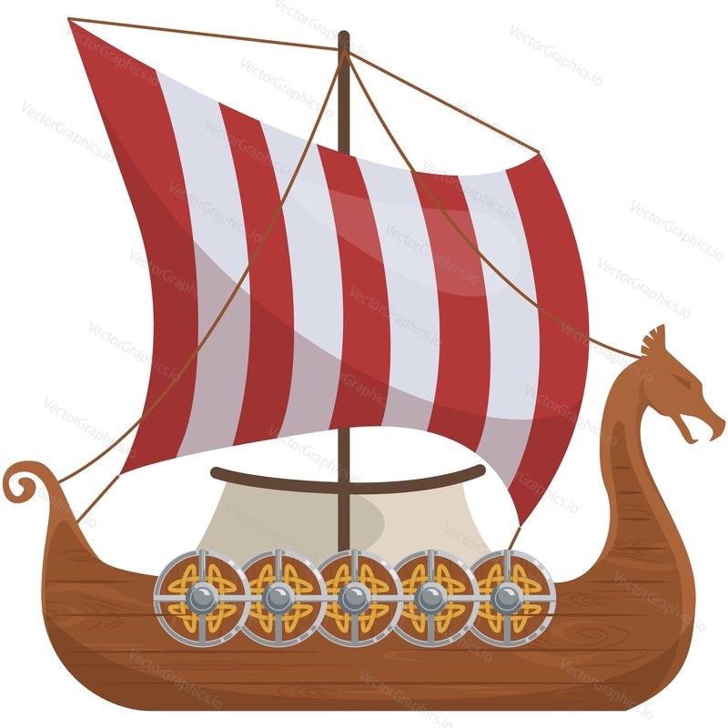 Векторная иконка корабля-лодки викингов. Старый деревянный норвежский парусный баркас, морское судно древнего боевого воина, изолированное на белом фоне