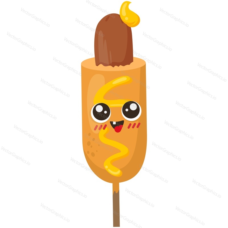 Hot corn dog vector cartoon character. Fried sausage in dough on stick with mustard isolated on white background. Corn dog fast food snack mascot illustration