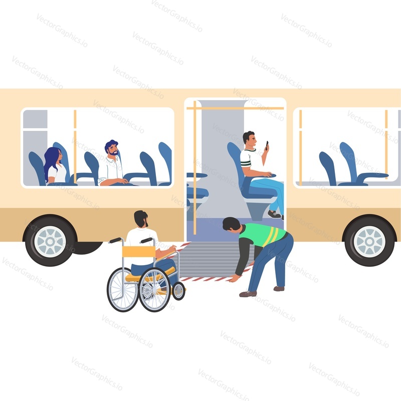 Man in wheelchair barrier free environment for transportation in bus vector icon isolated on white background
