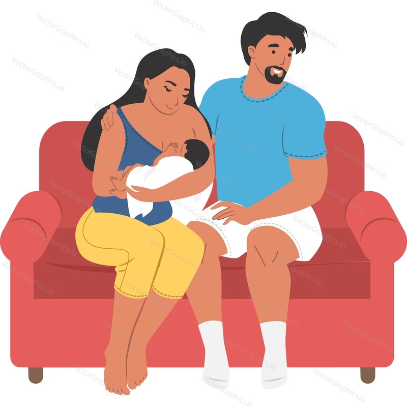 Happy family with mother breastfeeding baby vector icon isolated on white background
