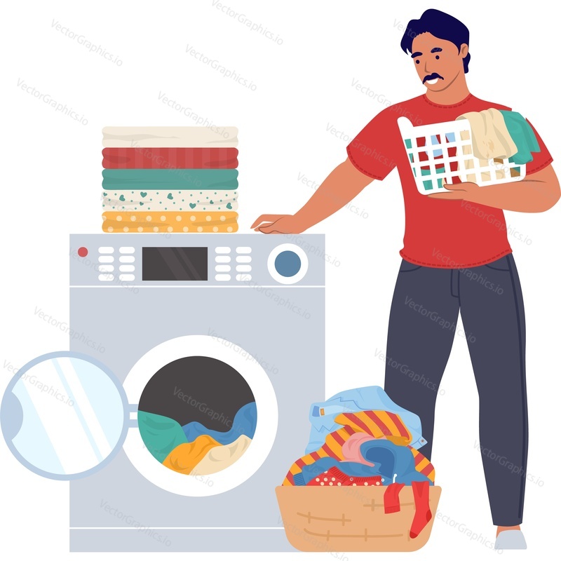 Человек, работающий по дому, стирающий одежду векторным значком, изолированным на белом фоне