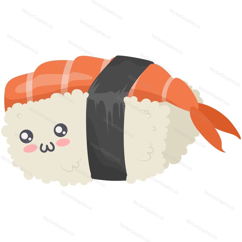 Суши ролл каваи векторный японский милый мультфильм. Кавайное лицо сашими с рисом и креветками. Забавный значок восточного фастфуда, выделенный на белом фоне