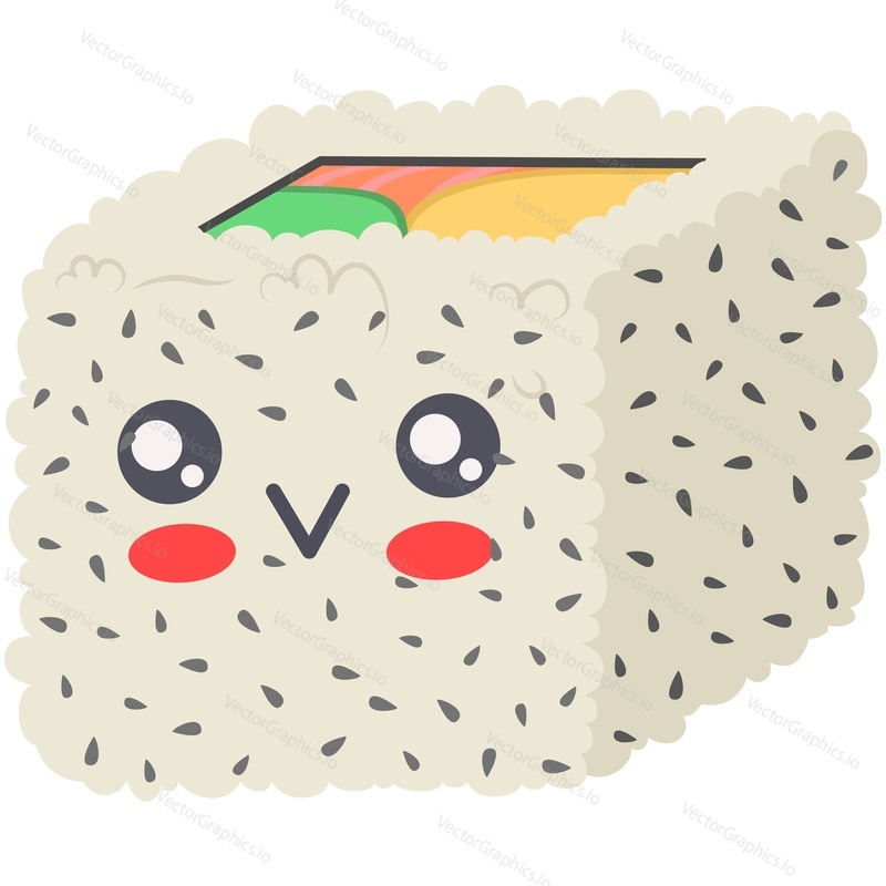 Sushi kawaii vector japanese cute cartoon. Asian food character isolated. Funny roll tempura uramaki menu icon on white background