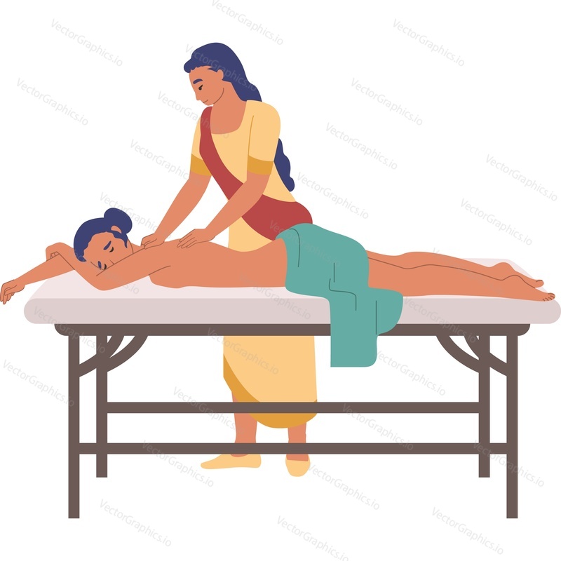 Индийская женщина-массажист делает массаж спины клиентке векторной иконкой на изолированном фоне.