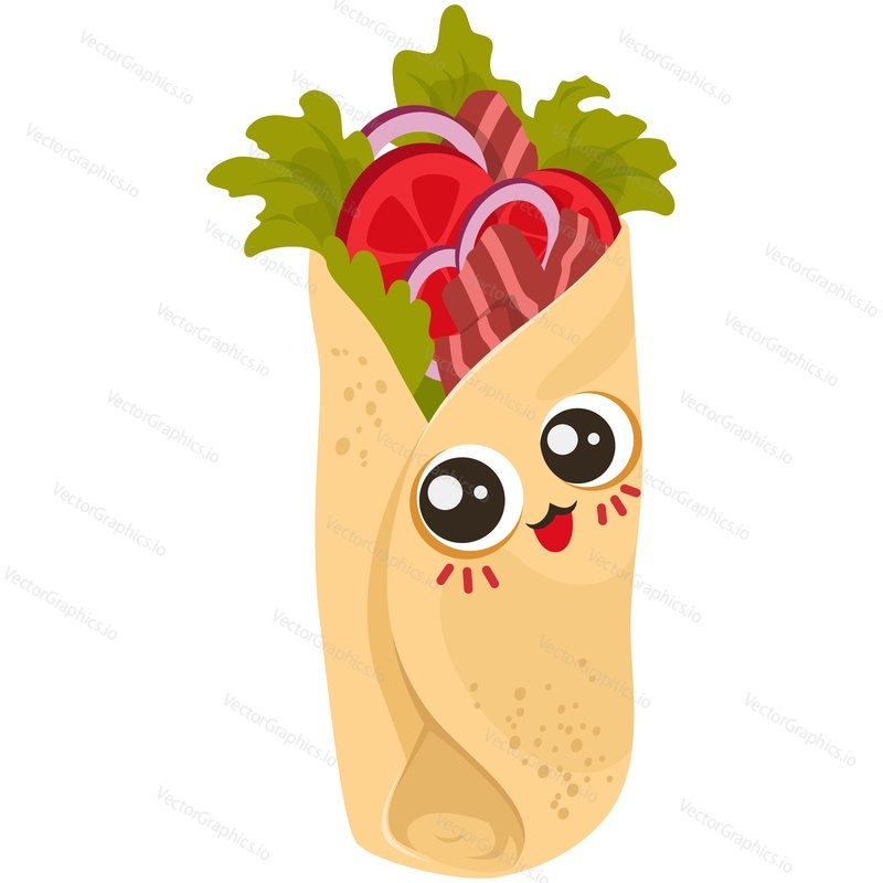 Burrito character food cartoon vector. Mexican fast food with funny face isolated on white background. Kawaii shawarma icon
