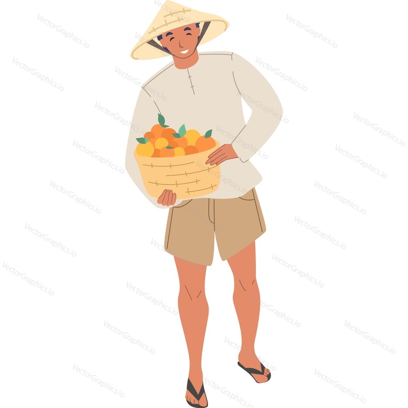 Happy male asian farmer carrying crate with ripe peach fruits vector icon isolated background.