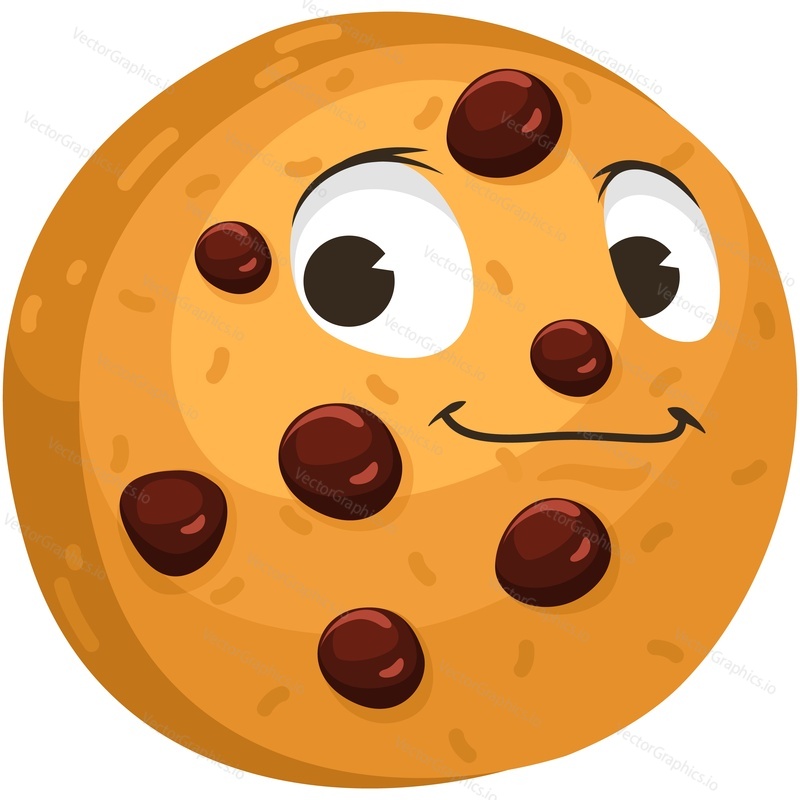 Cookie cartoon vector character. Cute face mascot illustration. Funny biscuit with chocolate chip. Happy anthropomorphic snack with comic smile expression isolated on white background