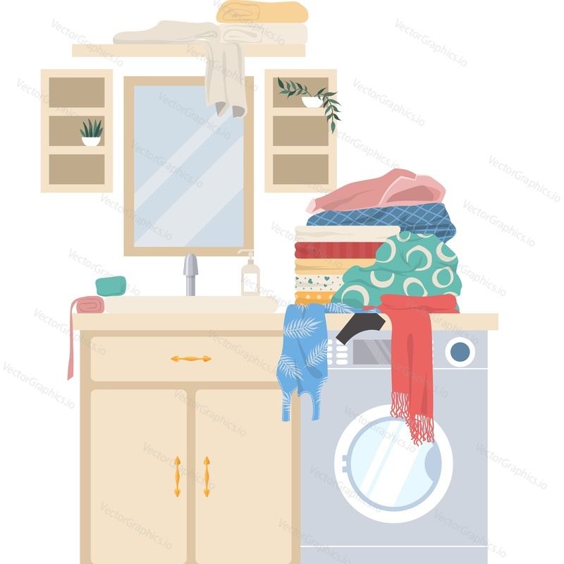 Scattered dirty clothes in bathroom vector icon isolated on white background