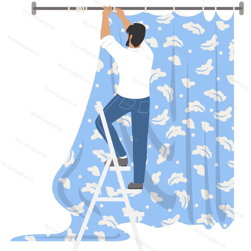 Housework man hanging curtain in bathroom vector icon isolated on white background