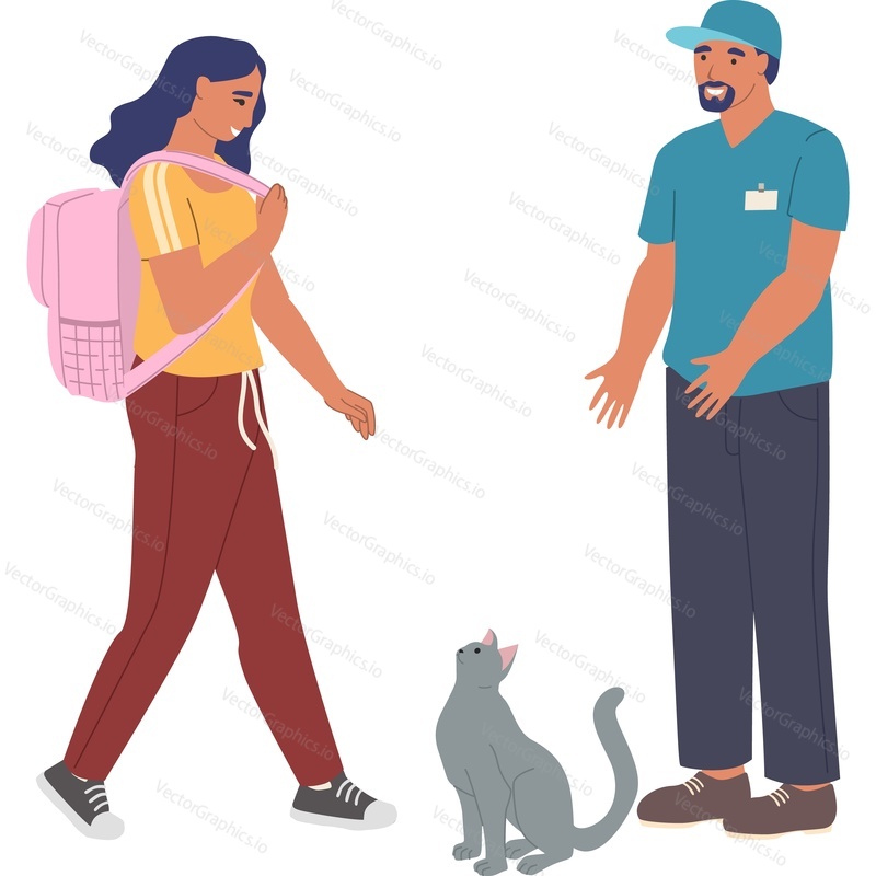 Woman adopting cat from pet shelter vector icon isolated background.