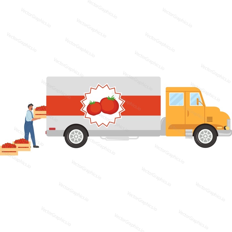 Загрузка спелых помидоров в грузовик доставки векторная иконка, изолированная на белом фоне