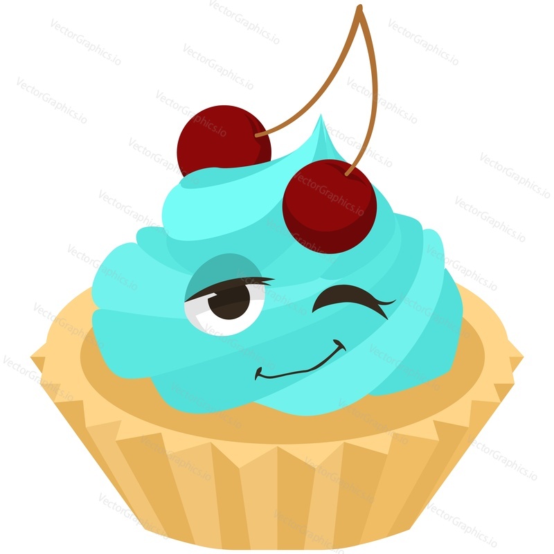 Милый десерт с мультяшным векторным персонажем кекса. Иллюстрация забавного лица сладкой выпечки. Кекс с кавайной счастливой улыбкой со сливками и вишневой ягодой, изолированный на белом фоне