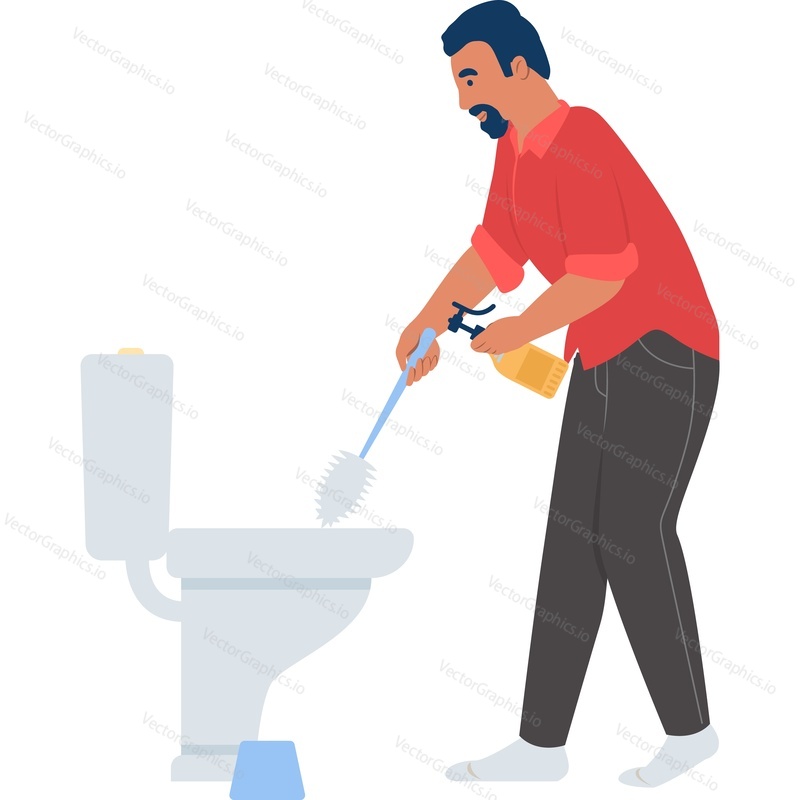 Мужчина, работающий по дому, чистит туалет бантом векторная иконка, изолированная на белом фоне