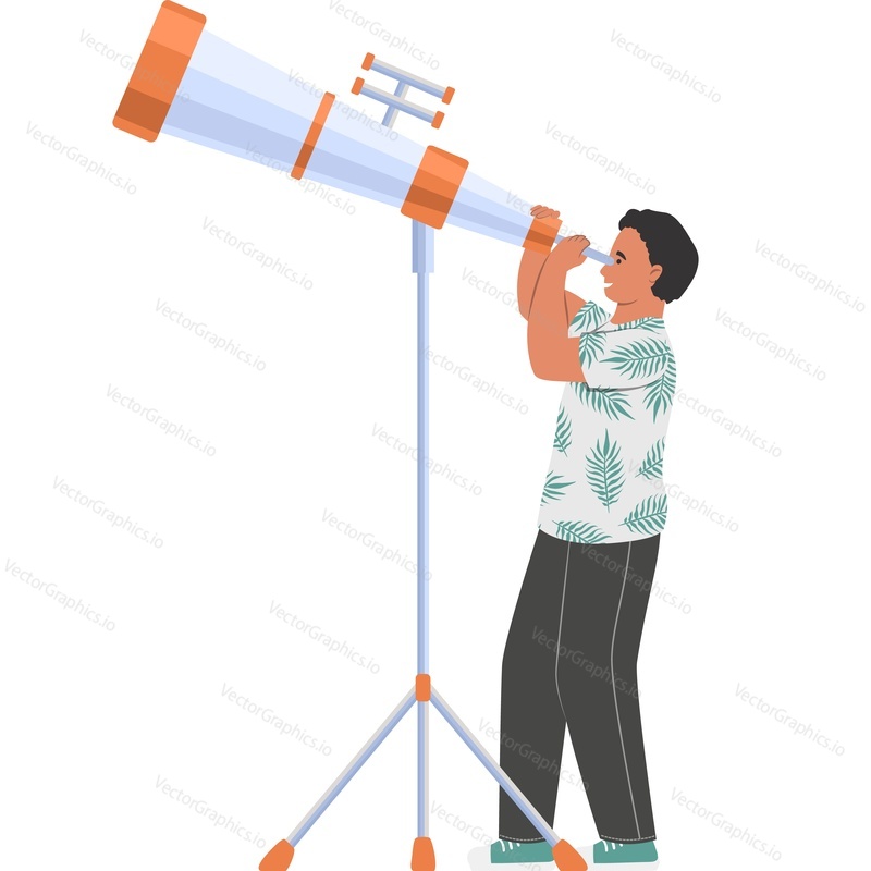 Schoolboy looking through telescope vector icon isolated on white background