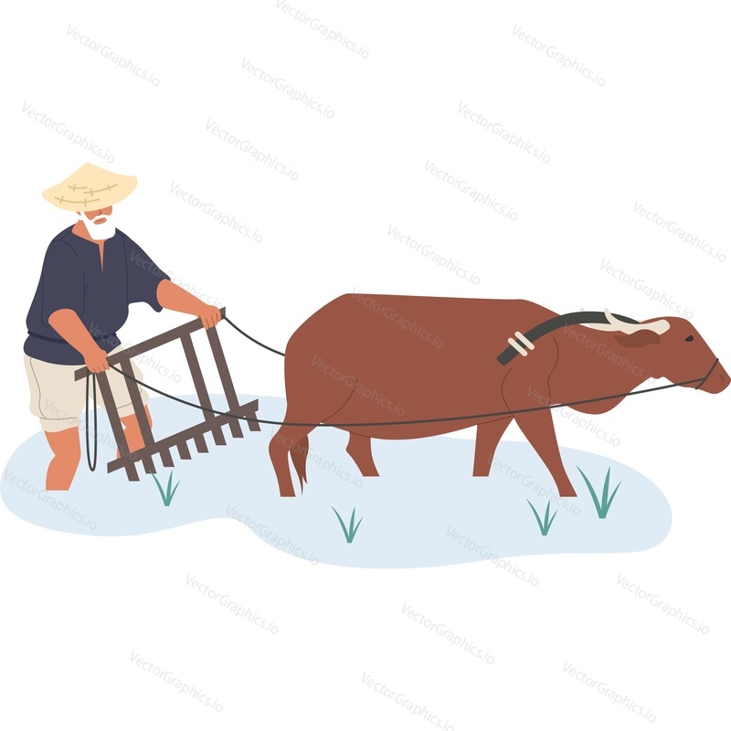 Asian man farmer plowing rice fields vector icon isolated background.
