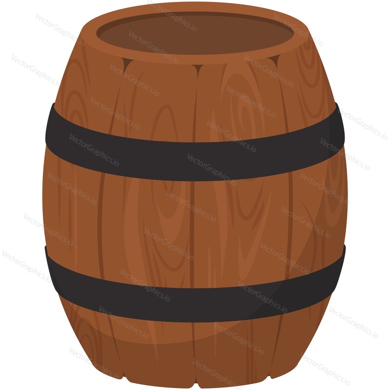 Wooden barrel vector. Beer cask or wine keg, rum or whiskey oak vintage storage tank flat isolated on white background. Wood container for alcohol beverage or gunpowder illustration
