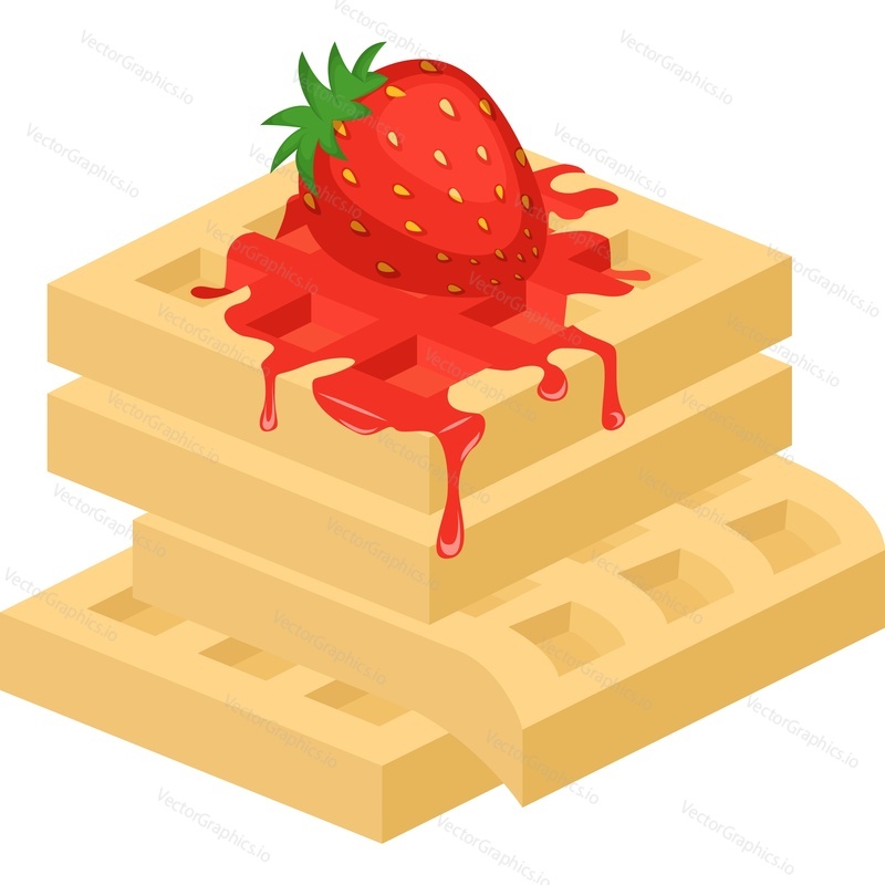 Belgian waffle with strawberry jam vector icon isolated on white background
