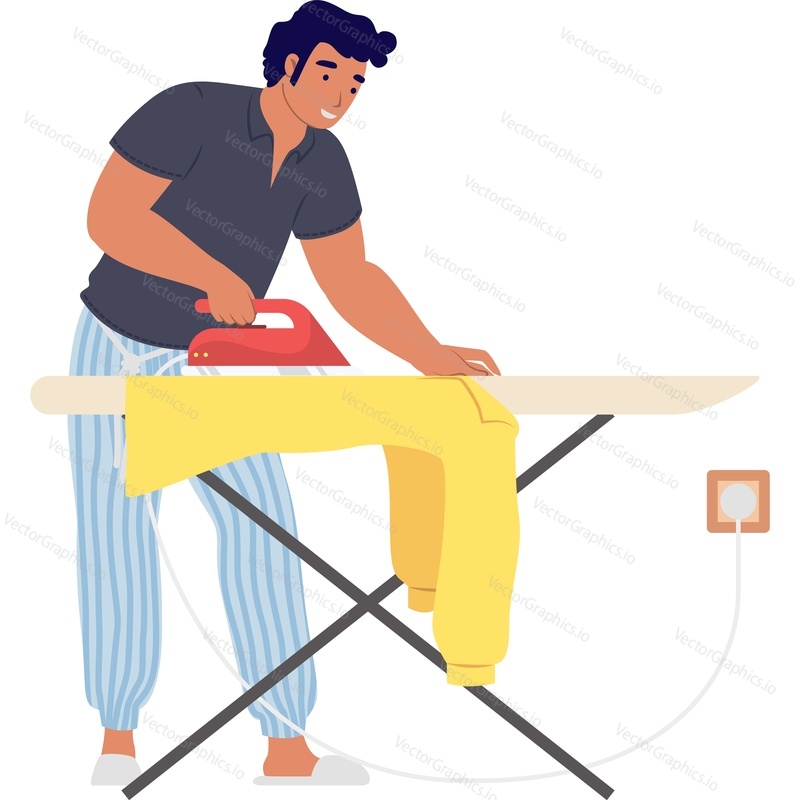 Человек, работающий по дому, гладящий одежду, векторный значок, изолированный на белом фоне